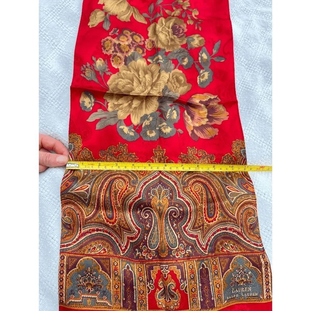 Lauren Ralph Lauren Silk Paisley Floral Scarf Red Equestrian Old Money